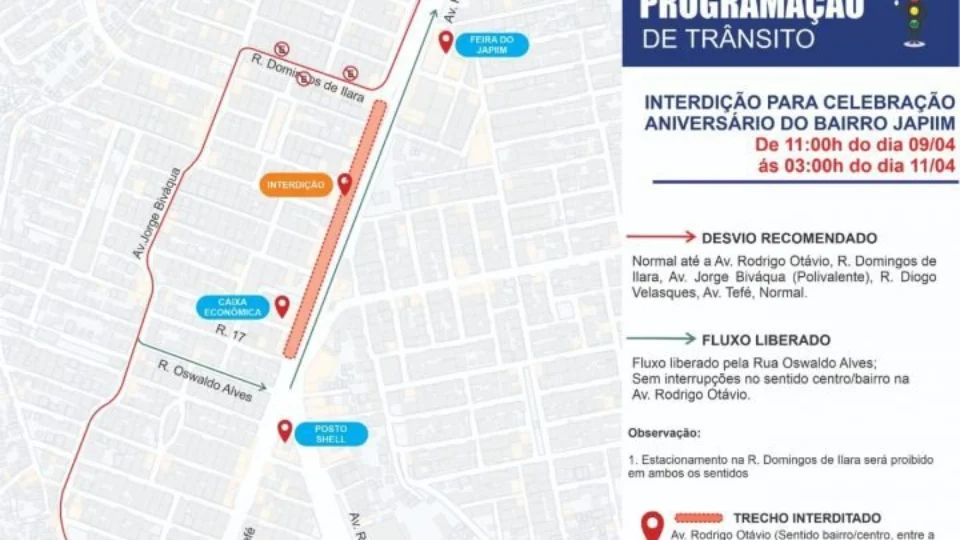 Avenida General Rodrigo Octávio terá parte do trânsito desviado neste fim de semana