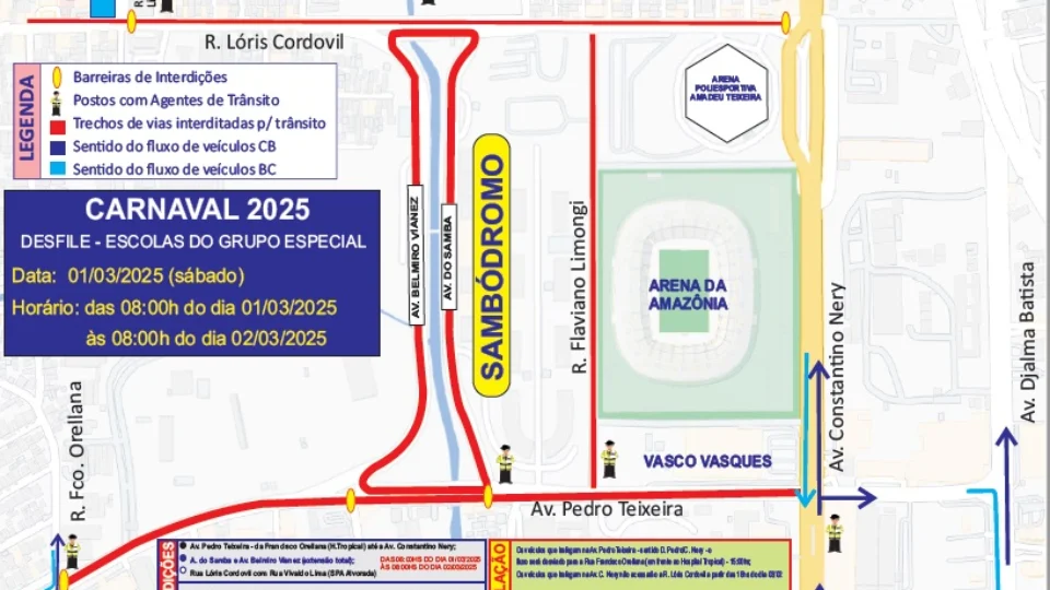 Manaus ajusta trânsito e rotas de ônibus para desfiles do sambódromo; Confira alterações e horários estendidos